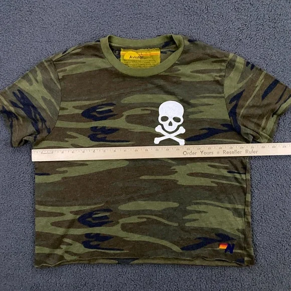 Aviator Nation T-shirt Womens Large Camo Skull Cross Bones Crop Retro Crew - Picture 8 of 9